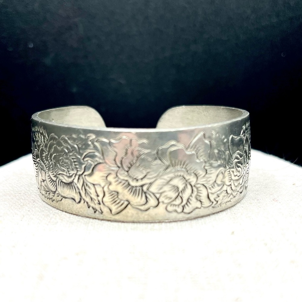 Kurt Stiefe Pewter Open Cuff Bracelet Etched Rose Design